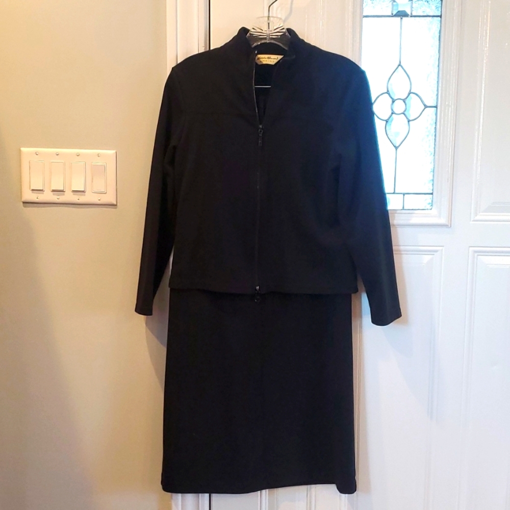 Eddie Bauer black maxi skirt set with zip front jacket.